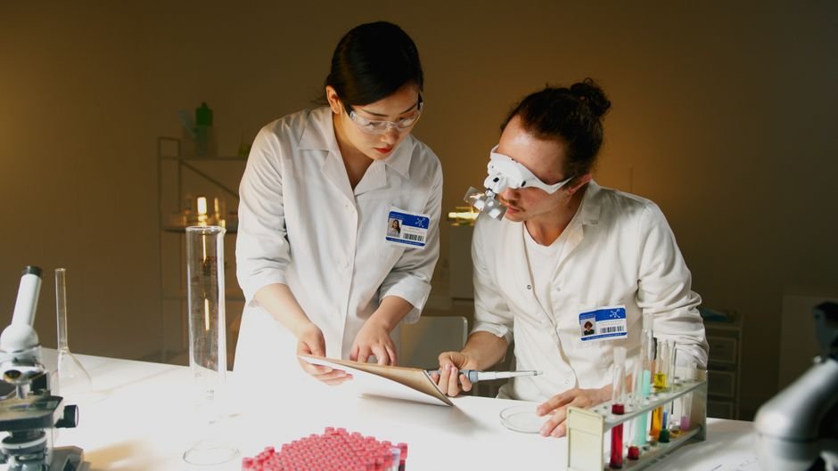 Two researchers collaborate in a lab, examining documents and conducting experiments.